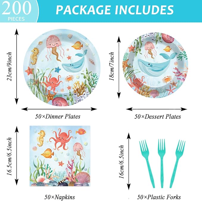 gisgfim 50 Guests Under the Sea Party Decorations Plates and Napkins Ocean Animals Birthday Paper Plates Napkins Tableware Set Underwater Sea Life Party Supplies for Birthday Baby Shower 200Pcs
