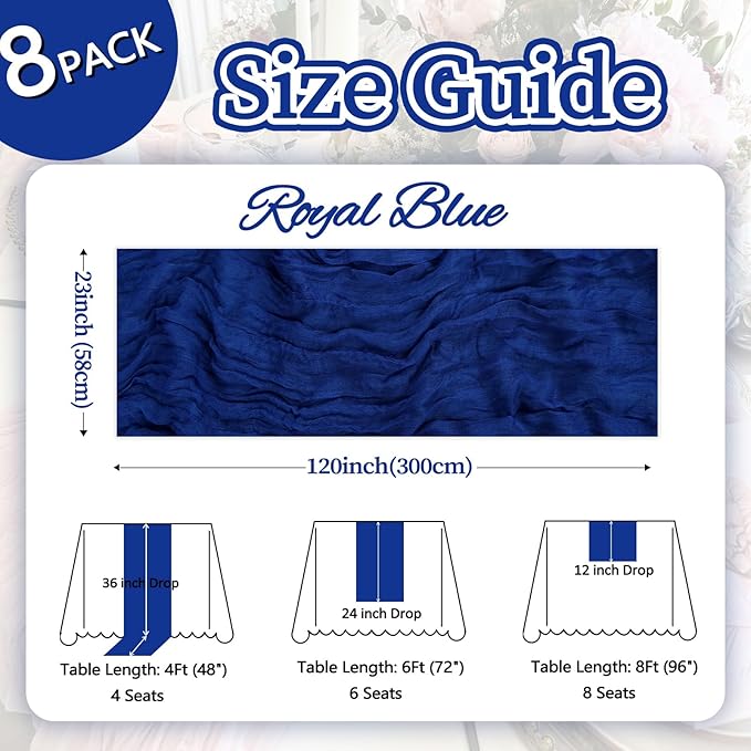 8 Pack Royal Blue Cheesecloth Table Runner 10ft Boho Gauze Fabric 120 Inch Cheese Cloth Table Runner Rustic Sheer for Holiday Baby Shower Party Décor Home Wedding Decoration