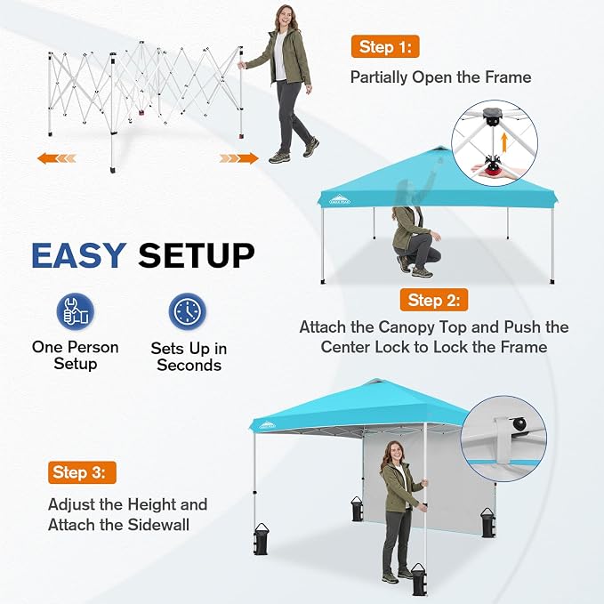 EAGLE PEAK Commercial Canopy 10x10 Pop Up Canopy Tent with 1 Sidewall, Easy Setup Heavy Duty Instant Event Shelter for Vendors & Markets, Outdoor Sun Shade, Light Blue