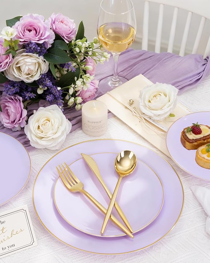 bUCLA 150PCS Purple Plastic Plates - Light Purple and Gold Disposable - Include 25 Each (Dinner & Dessert) lavender Plates, 25 Knives, 25 Forks, 25 Spoons & 25 Cups for Party, Birthday & Wedding