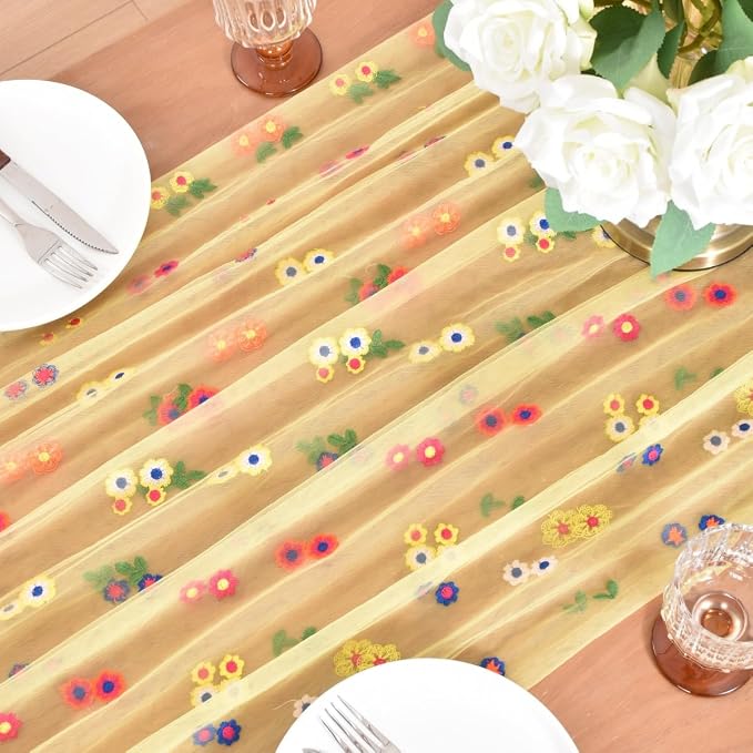 Joanlody Yellow Summer Flower Table Runner 10ft Embroidery Daisy Floral Seasonal Tulle Table Runner for Home Garden Tea Party Holiday Birthday Decoration