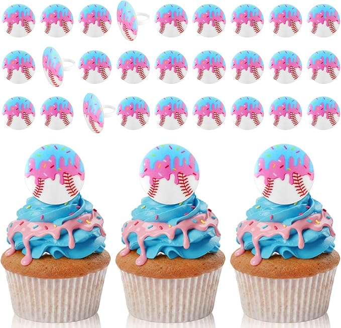 Kenning 48pcs Resin Baseball Drip Ice Cream Cupcake Ring Toppers Baseball Sport Cupcake Topper Rings for Sports Ball Theme Baby Shower Birthday Party Cake Decoration Supplies
