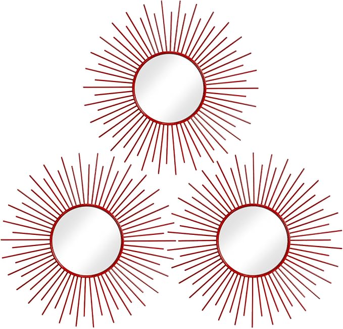 3 Pack Metal Mirrors for Wall Sunburst Wall Mirrors Home Décor Decorative Hanging Wall Art for Living Room Bedroom Entryway (Red, Sunburst)