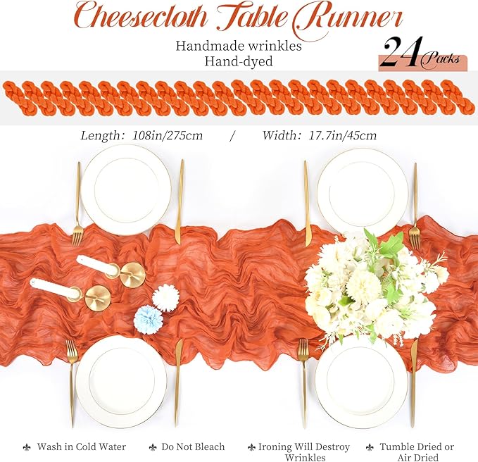 24 Packs Orange Table Runner, Charming Cheesecloth Table Runner 17 x 108inch, Gauze Boho Wedding Decoration Rustic Sheer Fabric Cheese Cloth Table Runners for Wedding Party Bridal Shower