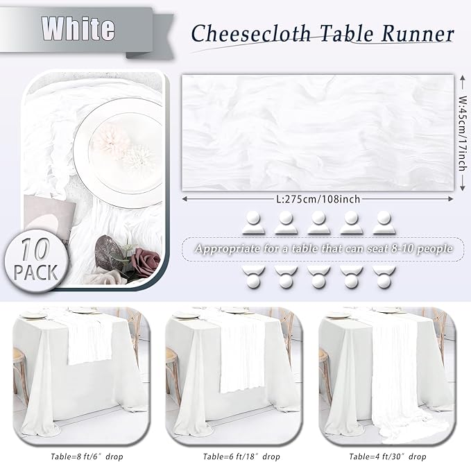 10 Pack White Cheesecloth Table Runner 17x108 Inch Semi Sheer Boho Rustic Gauze Cheese Cloth Table Runners for Wedding Party Birthday Baby Shower Home Décor