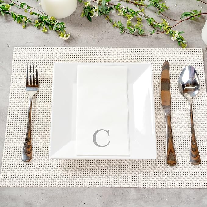 Luxenap 15.8 X 7.9 Inch Linen-Feel Guest Towels, 2000 Lettered Hand Towels - Silver Letter 'C', Sans Serif Font, White Paper Dinner Napkins, airlaid, For Restrooms And Tables - Restaurantware