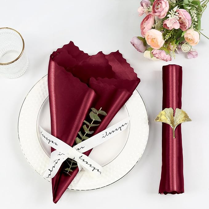 Homiest Burgundy Satin Napkins - 100 Pack, 17x17 Inches, Scalloped Square, Silky Elegant Wedding Napkins for Restaurant, Banquet, Graduation Party