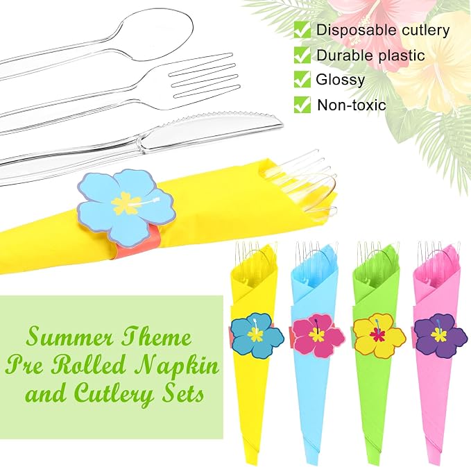 200 Pcs Pre Rolled Summer Floral Napkin Cutlery Set Disposable Colorful Plastic Cutlery Set with Knives Forks Spoons Napkins Napkin Rings for Summer Hawaiian Luau Floral Hibiscus Party Supplies