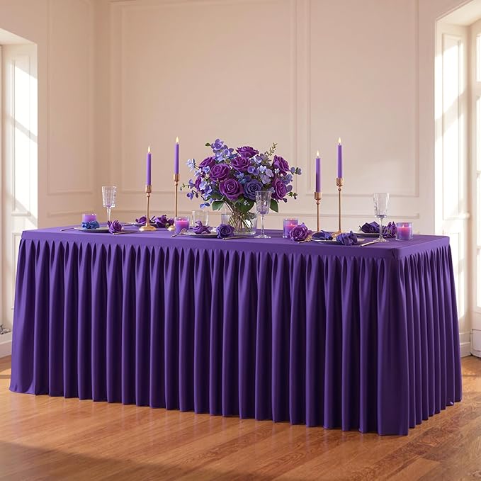 Purple Polyester Table Cloths for Rectangle 6 Foot Tables, 1 Pack Wrinkle Free Tablecloths Stretchy Banquet Ruffle Fitted Table Cover Desk Skirt for Parties Wedding Birthday Baby Shower