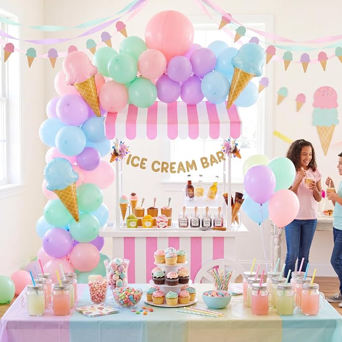 7 Pcs Ice Cream Bar Stand Supplies Ice Cream Bar Cart Party Decoration with 1 Set Plastic Stand 1 Pink and White Sunshade Cloth 4 Pink Tinsel 1 Banner for Icecream Party Supplies Bakery Backdrop