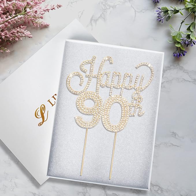 LINGTEER Happy 90th Birthday Gold Rhinestone Cake Topper - Cheers to 90th Birthday Ninety Years Old Anniversary Party Cake Centerpieces Topper Decorations Gift Sign.