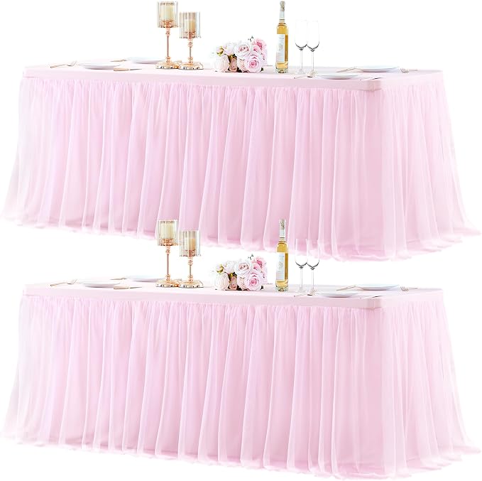 2 Pack Pink Table Cloth for 8 Foot Rectangle Tables, Pink Stretch Fitted Tulle Table Covers Skirt, Rectangular Ruffle Tutu Tablecloth Wedding Banquet Baby Shower Cake Tablecloths Decorations