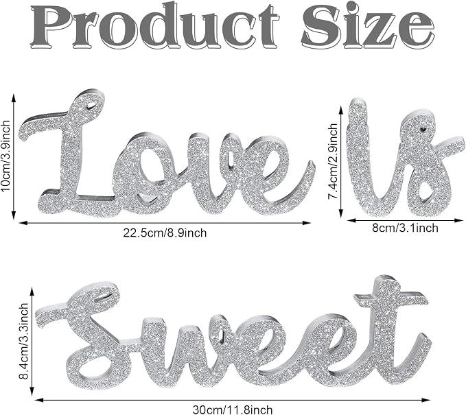 Love Is Sweet Table Decor Hollow Sign Wooden Love Is Sweet Sign for Dessert Table Freestanding Wood Is Wooden Letter Top for Wedding Shelf(Glitter Silver)