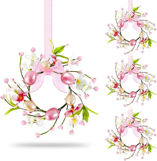 4 PCS Small Easter Wreaths for Kitchen Cabinet Mini Artificial Easter Egg Flower Wreath for Front Door Spring Summer Hanging Wreath with Pink Ribbon Berry for Home Porch Wall Window Farmhouse Decor
