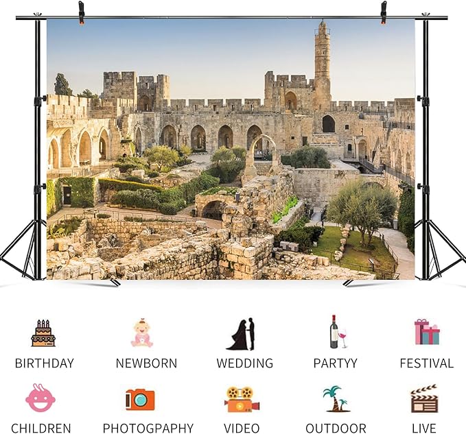 20x10ft Jerusalem Backdrop Israel David Tower Photography Background The Old City Ancient Ruins Historical Sites Travel Holiday Party Banner Decorations Kid Artistic Portrait Photo Booth Prop