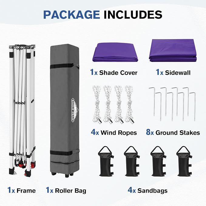 EAGLE PEAK Commercial Canopy 10x10 Pop Up Canopy Tent with 1 Sidewall, Easy Setup Heavy Duty Instant Event Shelter for Vendors & Markets, Outdoor Sun Shade, Purple