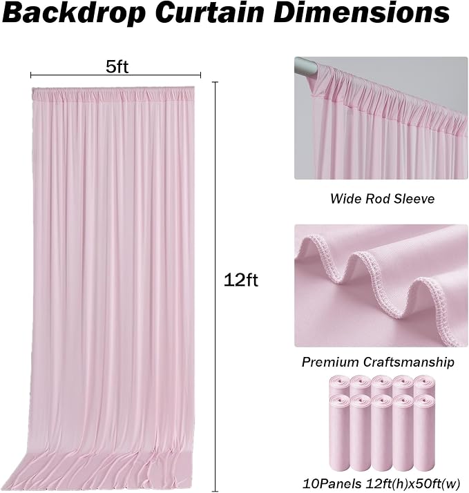 50ft×12ft Pink Backdrop Curtain for Wedding Parties, 10 Panels Wrinkle Free Polyester Photo Backdrop Drapes Back Drop Cloth for Birthday Photography Background