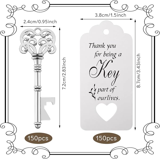 150 Pcs Wedding Favors Bottle Opener Wedding Gifts Vintage Skeleton Key Bottle Opener Souvenir Gift Party Favors with Escort Tag Cards and Key Chains for Party Bridal Shower (Silver)