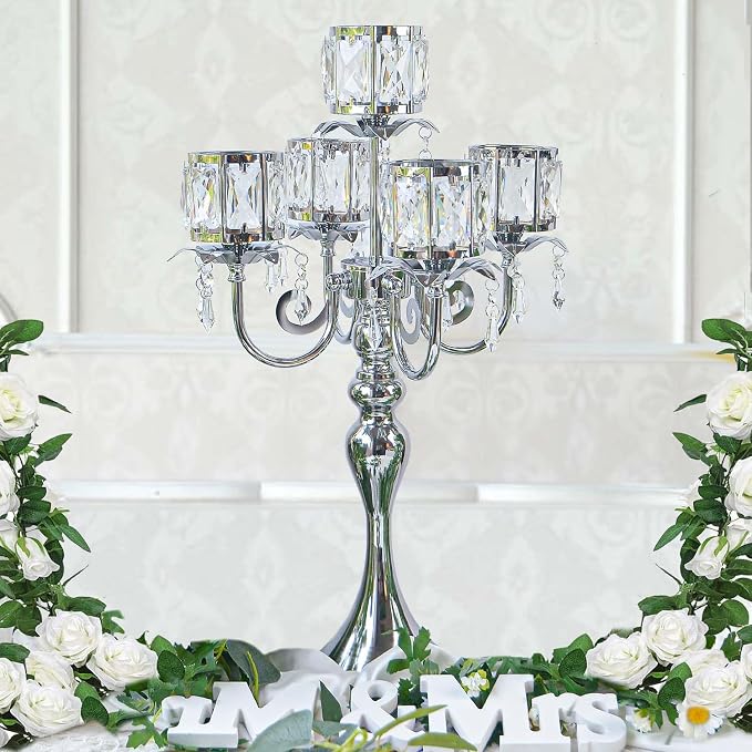 Candelabra Candle Holders, Elegant Bling Centerpiece with Pendant Crystal Table Decorations 5 Arms Candlesticks for Dining Room,22 Inches Tall (4, Silver)