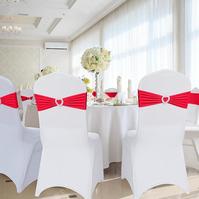 Howhic Pack of 120 Spandex Chair Sashes Bows Stretch Chair Cover Band with Buckle Slider Universal Elastic Chair Ties for Wedding Banquet Party Event Decoration (Ruby)