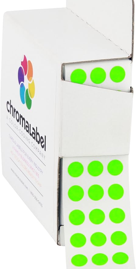 ChromaLabel 1/4 Inch Green Sticker Dots, Round Label Dots, Fluorescent Sticker, 1000 Fluorescent Green Dots Label with Handy Dispenser Box