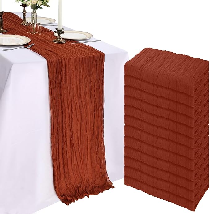 12 Pack 10FT Terracotta Cheesecloth Table Runner 120 Inch Long Gauze Rustic Boho Spring Cheese Cloth Table Runner Sheer Fabric Decorations for Holiday Party Wedding Banquet Bridal Baby Shower Décor