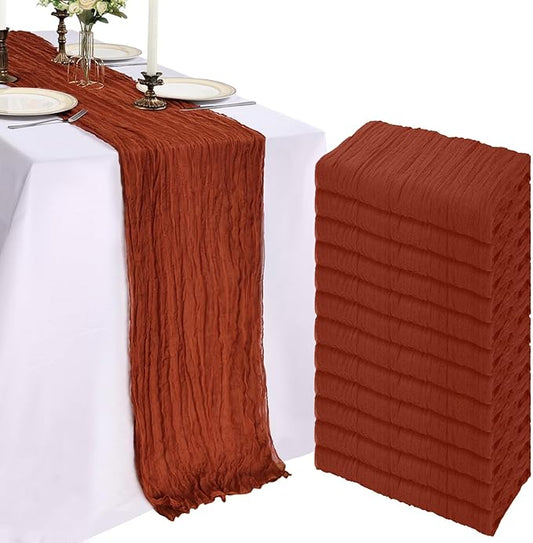 12 Pack 10FT Terracotta Cheesecloth Table Runner 120 Inch Long Gauze Rustic Boho Spring Cheese Cloth Table Runner Sheer Fabric Decorations for Holiday Party Wedding Banquet Bridal Baby Shower Décor