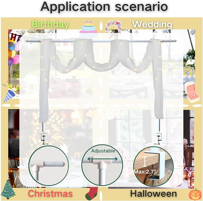 Beyeutao Table Rod Stand with Clamps H16-45’’ L16-87’’ Adjustable Over The Table Rod Stand with White Mesh Curtain Table Arch Balloon Arch Stand for Wedding Birthday Christmas Party