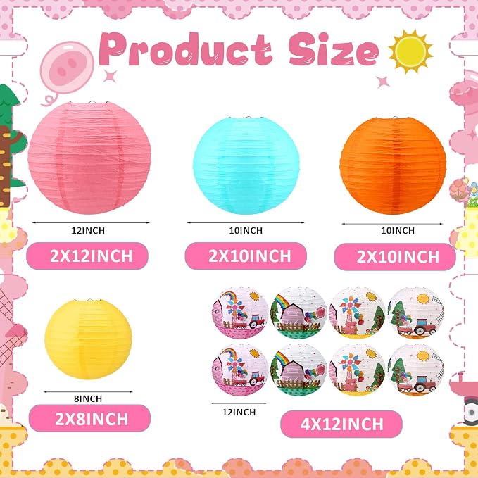 Weysat 12pcs Farmhouse Hanging Paper Lanterns Farm Pig Theme Party Lantern Decorations Birthday Party Supplies for Birthday Shower Classroom Home Decor Supplies