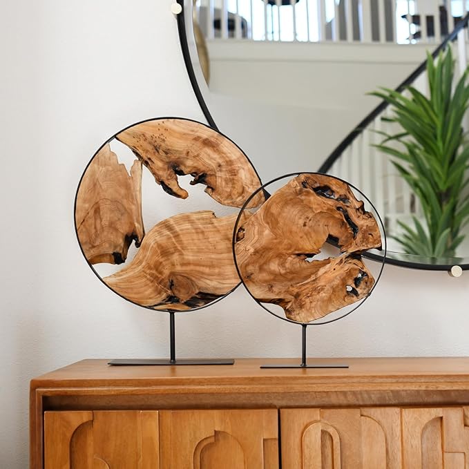 WELLAND Round Cedar Wood Sculpture 13.77" W x 13.77" D x 14" H, Wood Tabletop Sculpture, Irregular Shape décor for Living Room, Bedroom, Home Office