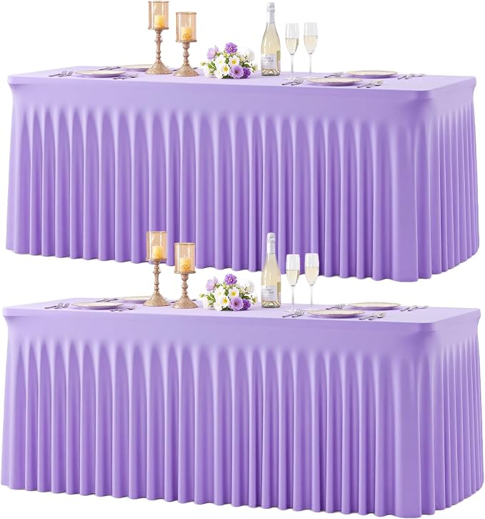 2 Pack Lavender Spandex Tablecloths for Rectangle Tables Light Purple Stretch Table Cloth Rectangle 6ft Lilac Elastic Fitted Table Cover with Skirt for Wedding Birthday Party Banquet Baby Shower