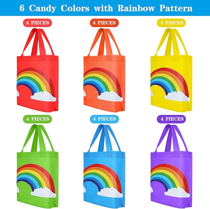 Aodaer 24 Pieces Rainbow Non-woven Gift Bags 9.8×9.8×3.1 Inch Party Favor Bags Reusable Goodie Bags Tote Treat Bags with Handles for Kids Birthday Wedding Party