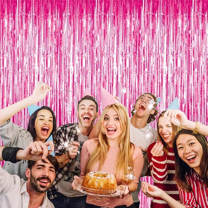 GOER 3.2 ft x 9.85 ft Metallic Tinsel Foil Fringe Curtains Party Photo Backdrop Party Streamers for Galentines Day,Birthday,Graduation,New Year Eve Decorations Wedding Decor (3 Pcs, Hot Pink)