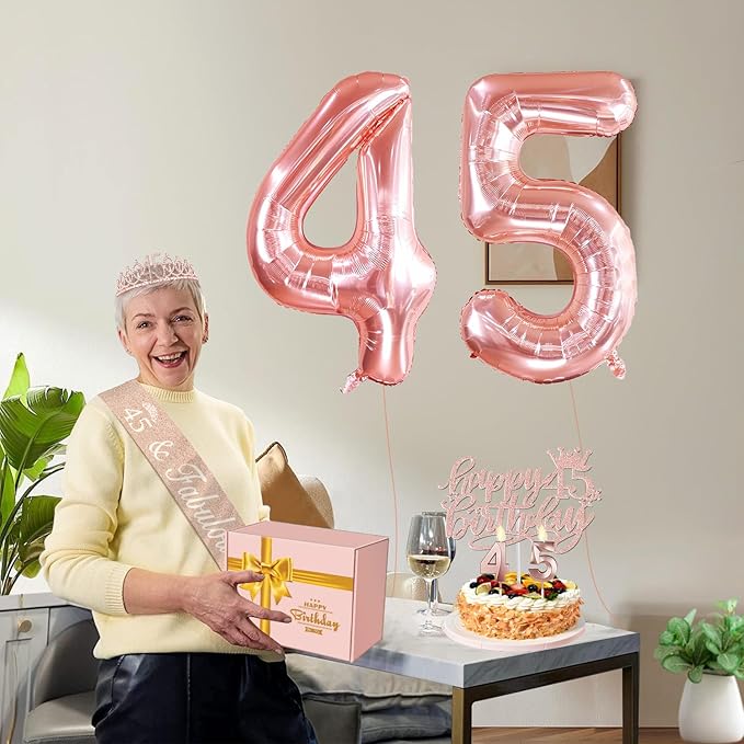 45th Birthday Decorations for Women, Include 45th Birthday Sash and Tiara, Cake Topper and Candles, Number Balloons, 45 Year Old Gifts for Women