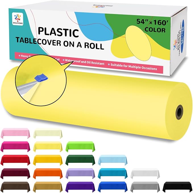 54IN X 160FT Plastic Table Cover Roll with Cutter Box, Cut to Size Plastic Table Cloths for Parties, Birthday, Disposable Tablecloth Roll for All Shape Tables (Light Yellow, 54 Inch X 160 Feet)