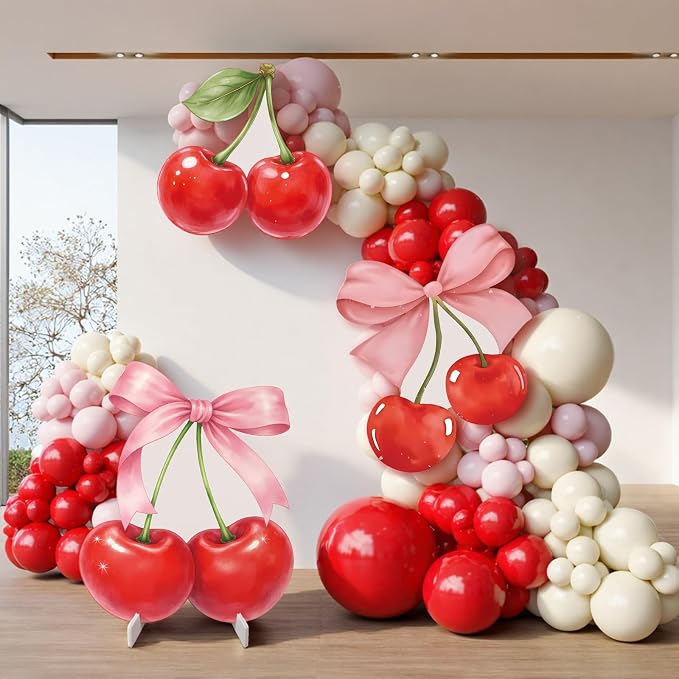 4 Pcs Cherry on Top Baby Shower Decorations, Large Pink Bow Cardboard Cutouts, Sweet Cherry Birthday Decorations Standups for Photo Booth Props & Birthday Party Decor