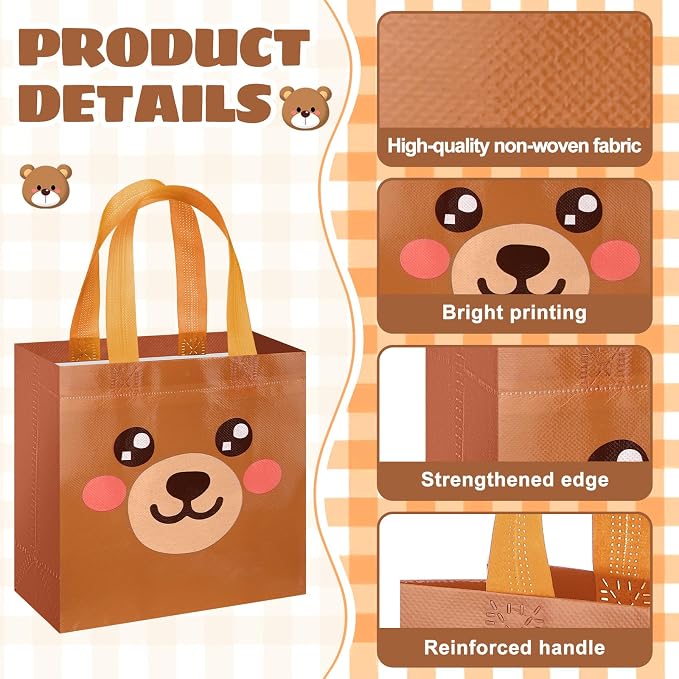 Sweetude 40 Pcs Bear Gift Party Favor Bags with Handle, Non Woven Goodie Bags Birthday Favor for Birthday Baby Shower Packaging Supplies