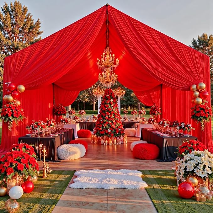 50ftx40ft Red Ceiling Curtain for Wedding Parties – 10 Panels Wrinkle-Free 40 FT Long Tent Draping Curtains for Wedding, Birthday & Theme Parties, 40ft Height with Rod Pocket
