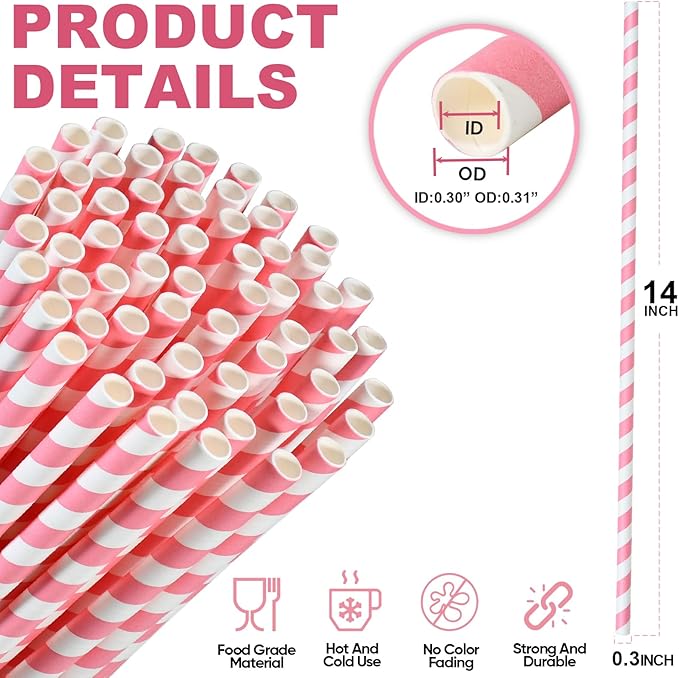 14 inch Extra Long Disposable Pink/White Striped Paper Drinking Straws 0.31" Wide - 100 Counts, Biodegradable
