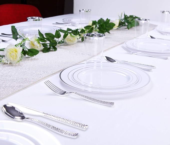 Supernal 360pc Silver Plastic Silverware Set, Heavy Duty Disposable Cutlery | Elegant Hammered Flatware Utensils (120 Forks, 120 Knives, 120 Spoons) Bulk Pack for Weddings, Parties, and Catered Events