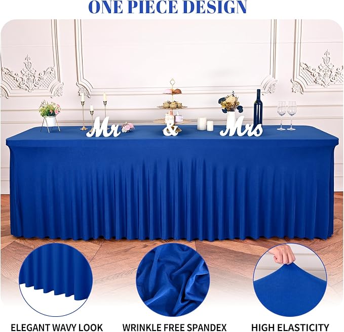 fani 6 Packs Royal Blue Stretch Table Skirts for 8 Foot Rectangle Table, Washable Spandex Stretch Tablecloths with Skirt, Wrinkle Resistant Fitted Tablecover for Wedding Party Banquet