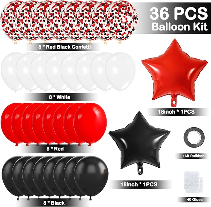 Red Black Birthday Decorations, Happy Birthday Banner, Backdrop, Balloons, Honeycomb Balls, Star Foil Balloons, Stars Hanging Swirls & Cake Topper for Baby Boys Girl Men Women Birthday Decoration