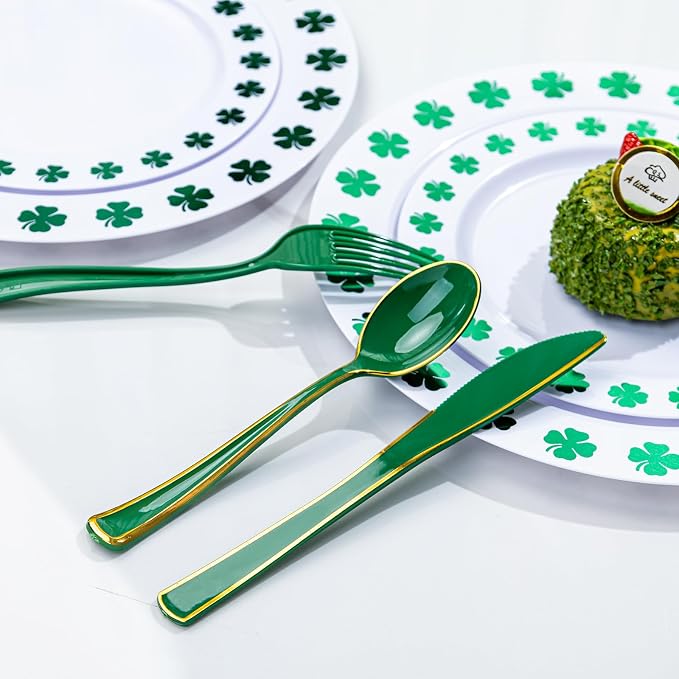 WDF 180PCS Green Plastic Silverware - Green Utensils 60 Forks, 60 Knives and 60 Spoons - Heavy Duty Silverware for Party Supplies/St. Patrick's Day