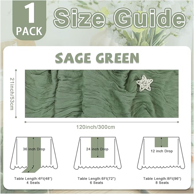 Sage Green Cheesecloth Table Runner 21x120 Inch Gauze Easter Spring Table Runner Sheer Polyester Cheese Cloth Boho Table Runners Decor for Wedding Baby Shower Candlelight Dinner Tables