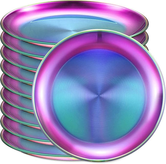Honeydak 10 Pcs Stainless Steel Plates 8 Inch 304 Metal Rainbow Dinner Plates Unbreakable Dish Camping Plate Reusable 18/8 Round Plate Dishwasher Safe Double Layers Serving Salad Dessert Snack