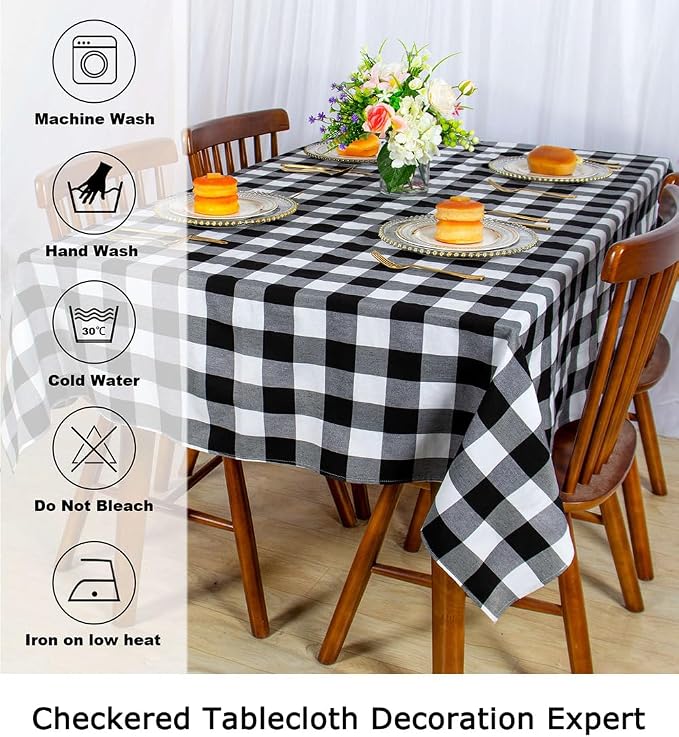 ShinyBeauty 60"x120" Black & White Checkered Tablecloth | Cotton Farmhouse Picnic Cloth | Wrinkle-Resistant & Durable | Perfect for Indoor/Outdoor Dining & Parties