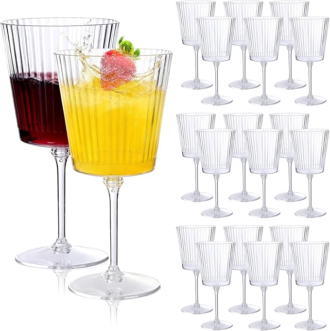 LIYH 20 Pcs Plastic Ribbed Wine Glasses 13.5 Oz,Plastic Goblets Vintage Style Ribbed Drinking Glasses for Wedding Reception,Grand Event Party Supplies for Birthday (20 Guests)