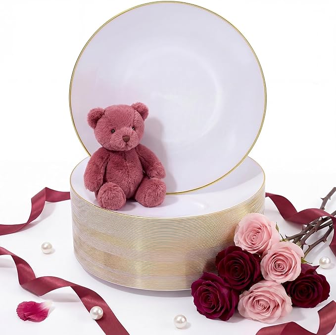 Nervure 100Pieces White with Gold Rim Plastic Plates - 7.5inch Disposable Gold Salad/Dessert Plate - White and Gold Plastic Plates Ideal for Wedding & Party & Mother's Day