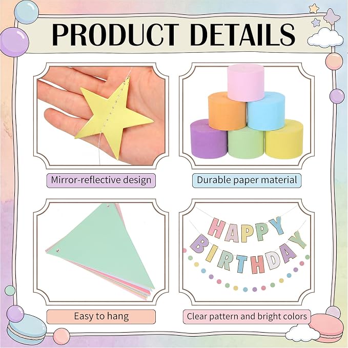 Mifoci 313 Pcs Happy Birthday Decorations Kit 300 Sheets Paper Chains Strips Birthday Felt Banner 492 ft Crepe Paper Streamers 52.4ft Star Garlands for Party Supplies DIY Crafts (Macaron Colors)