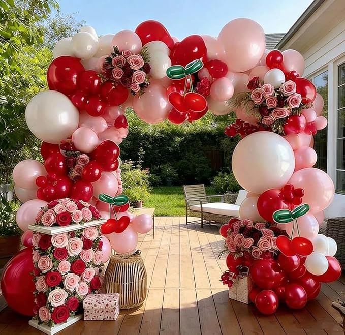 Red Pink Balloon Arch Double Stuffed Latex Pink White Pearl Balloons Red Green Long Balloon Garland for Cheery On Top Baby Shower Birthday Christmas Bridal Shower Garden Berry Party Decoration